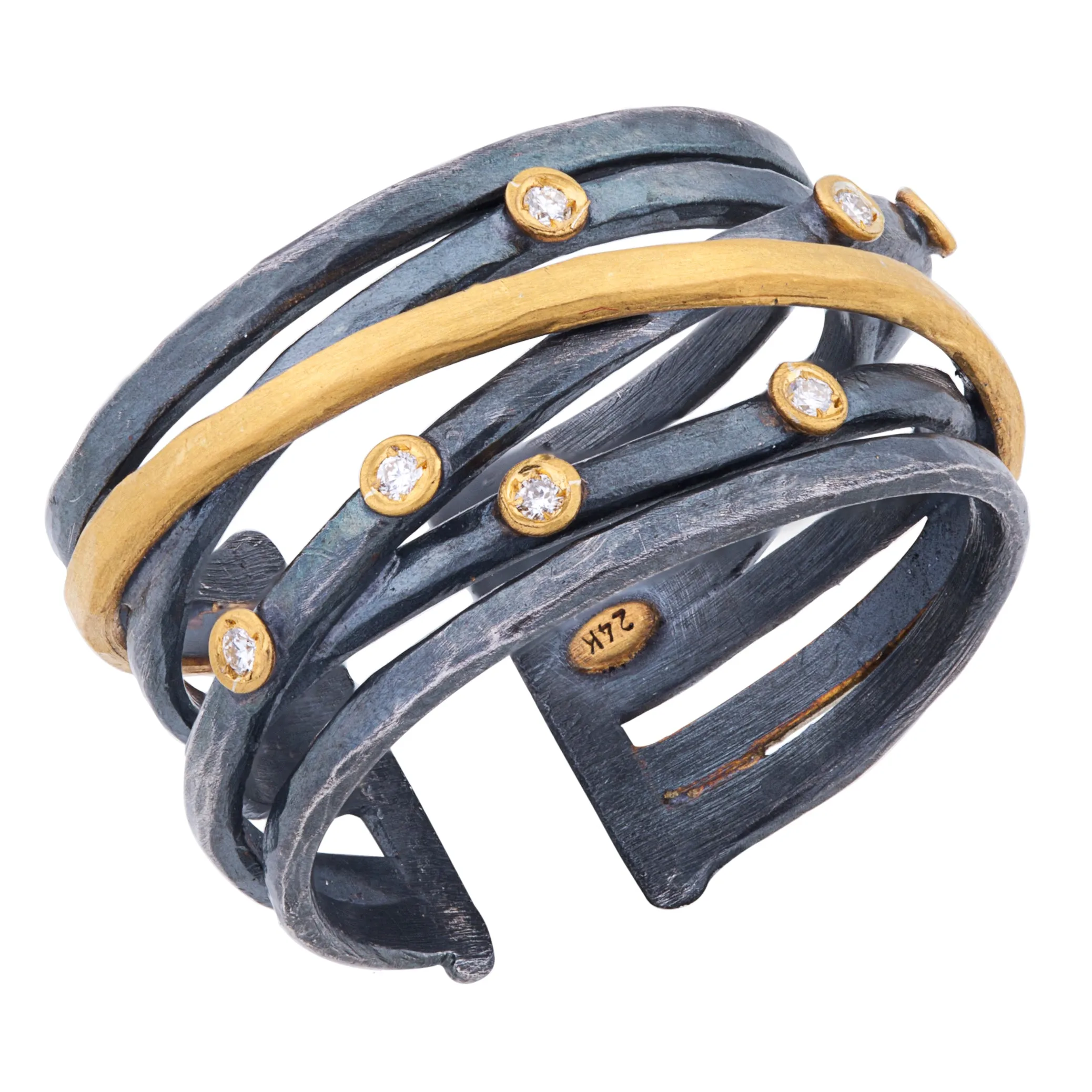 Lika Behar Stockholm Crosswire Ring Oxidized Silver & 24K Gold with Diamonds