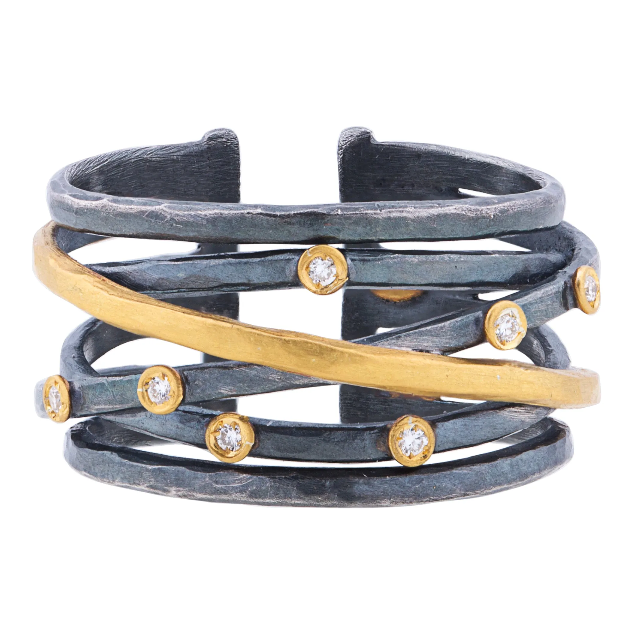 Lika Behar Stockholm Crosswire Ring Oxidized Silver & 24K Gold with Diamonds