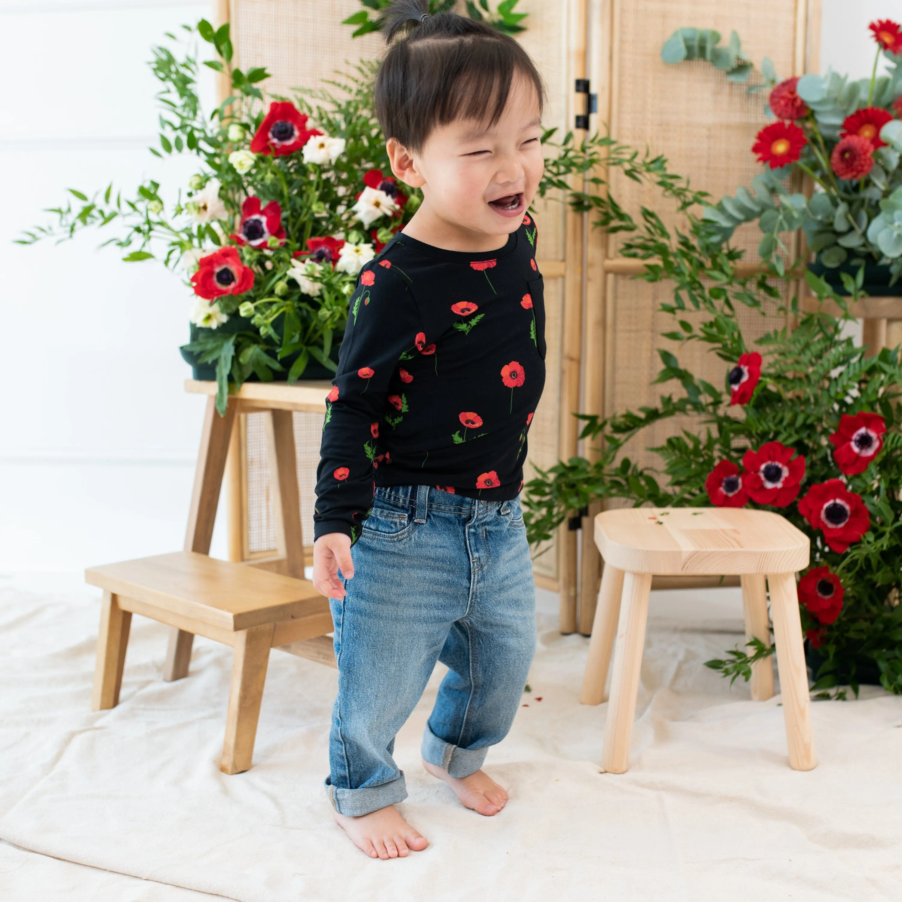 Long Sleeve Toddler Crew Neck Tee in Midnight Poppies