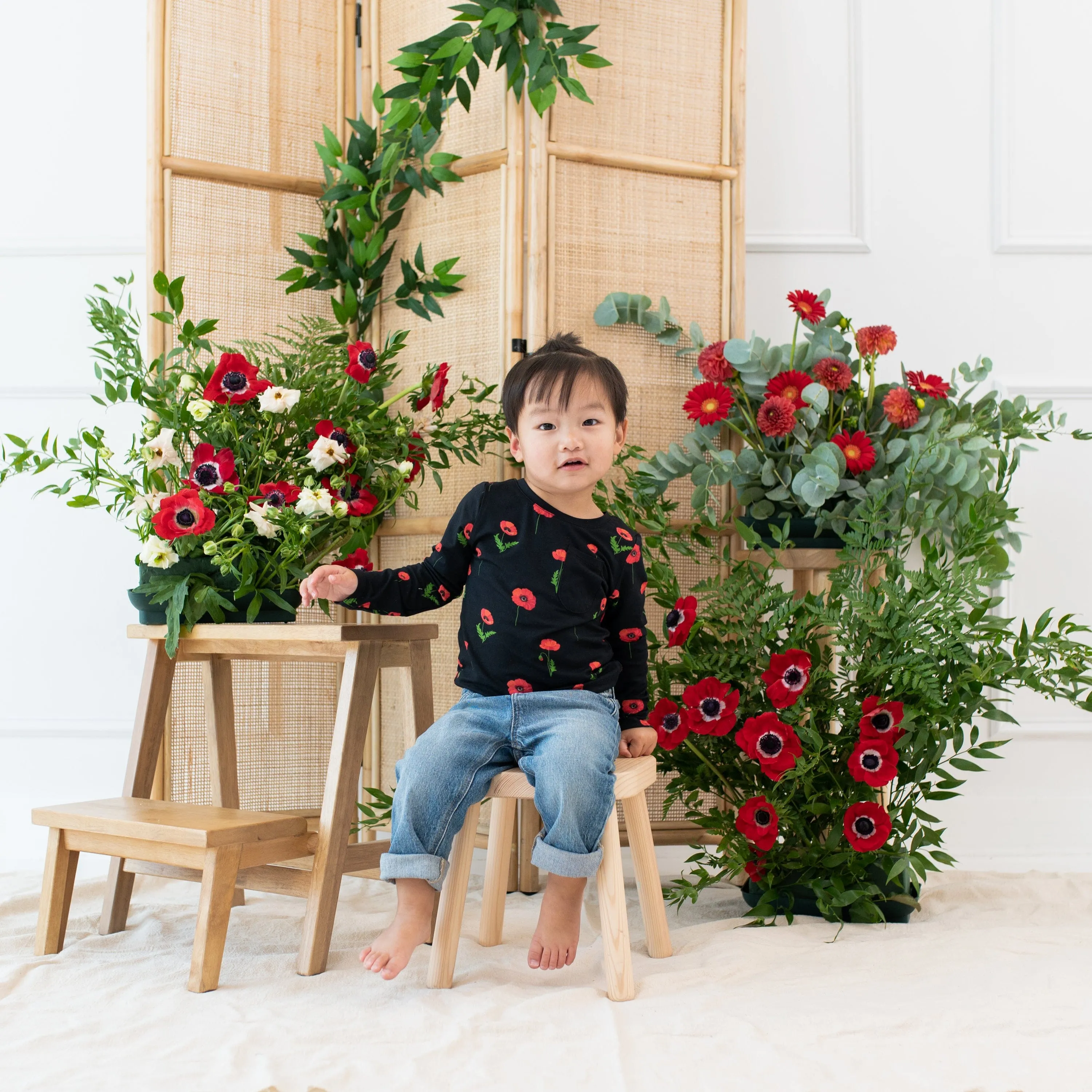 Long Sleeve Toddler Crew Neck Tee in Midnight Poppies