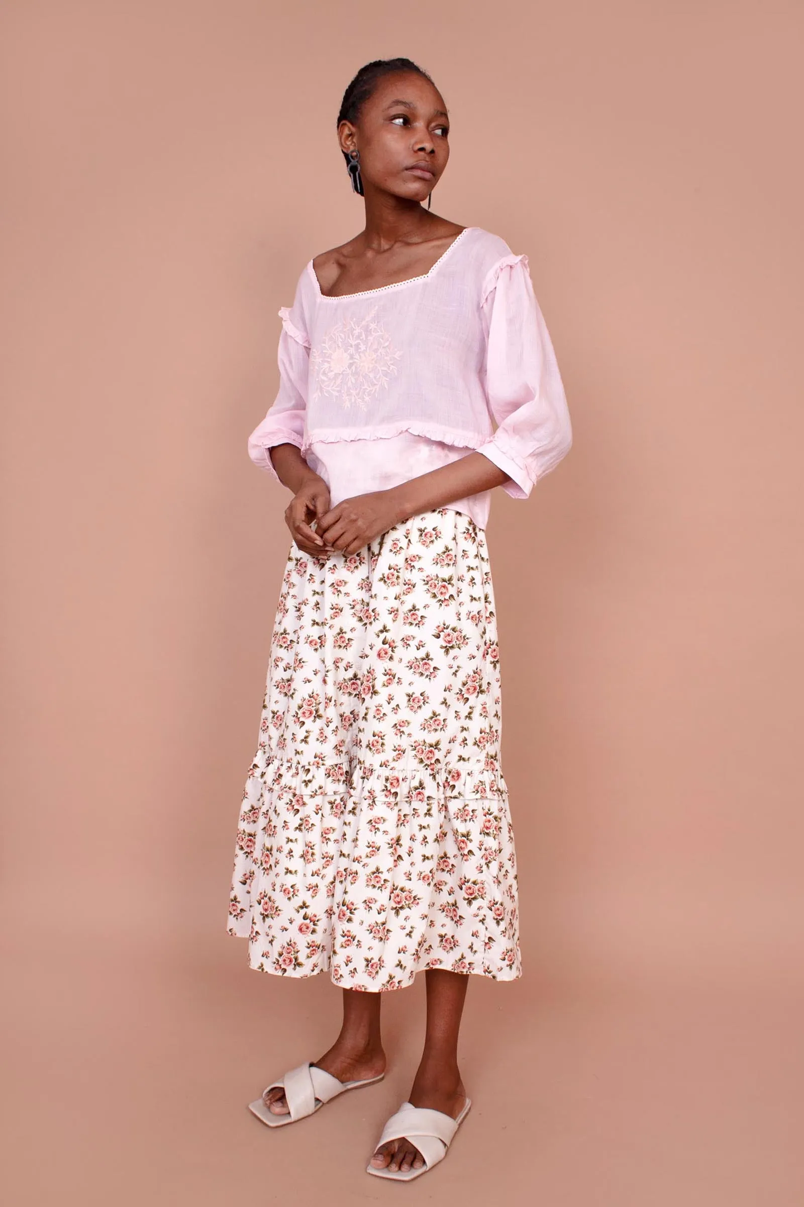 MAGNOLIA Roses-Print Cotton Midi-Skirt