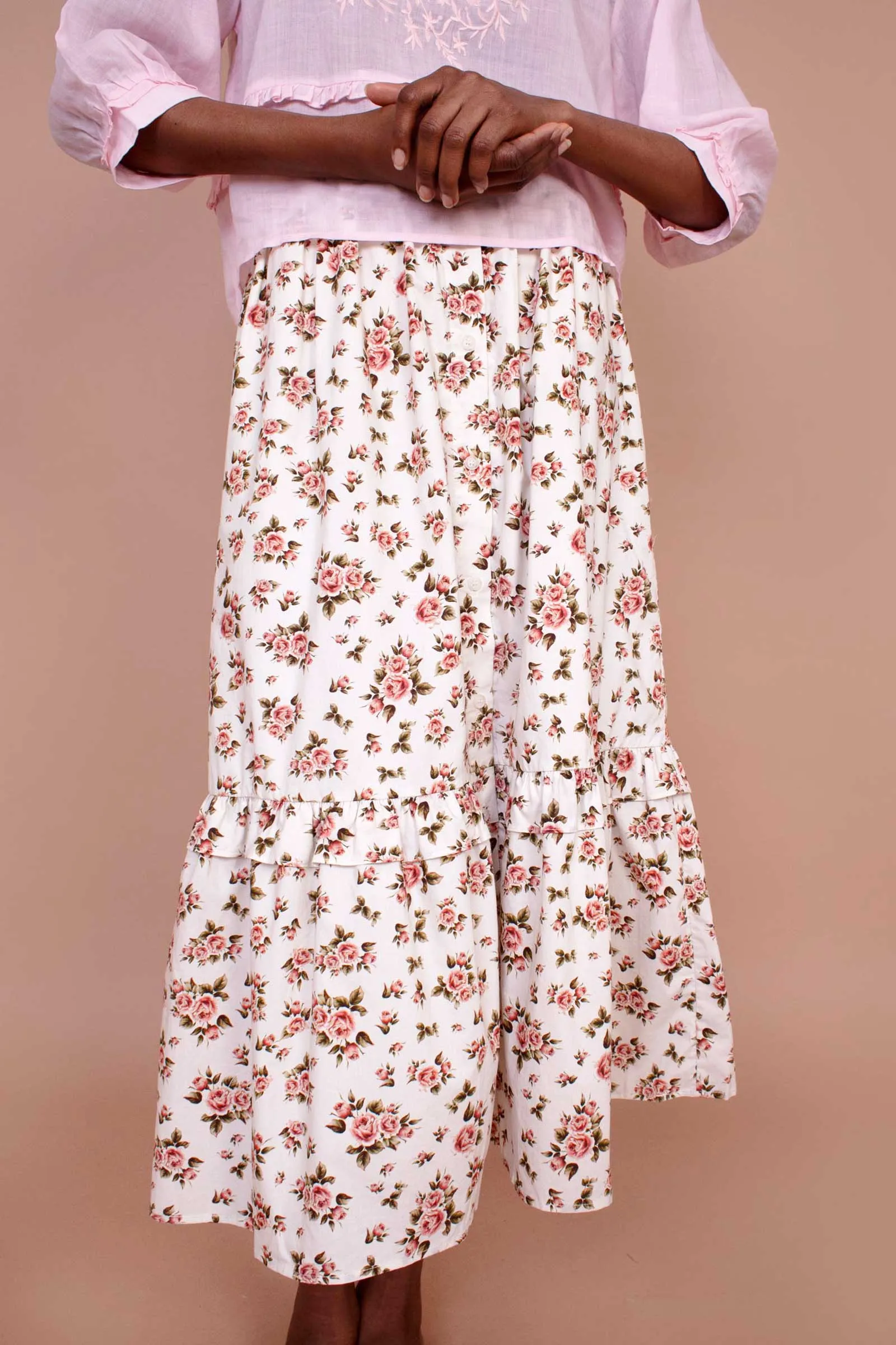 MAGNOLIA Roses-Print Cotton Midi-Skirt