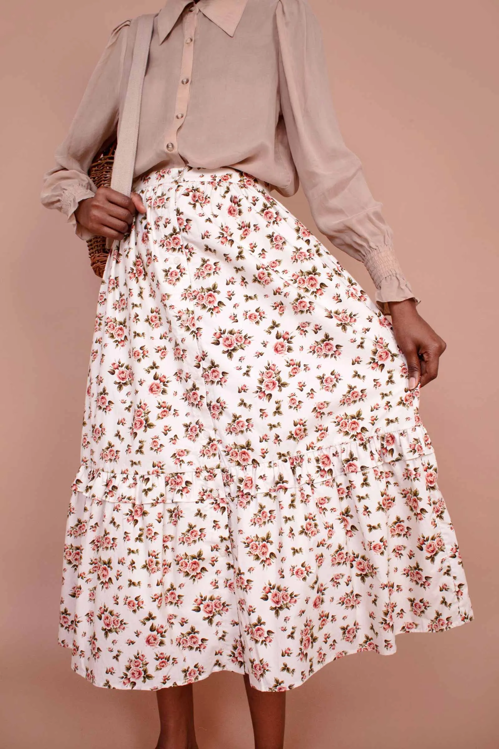 MAGNOLIA Roses-Print Cotton Midi-Skirt