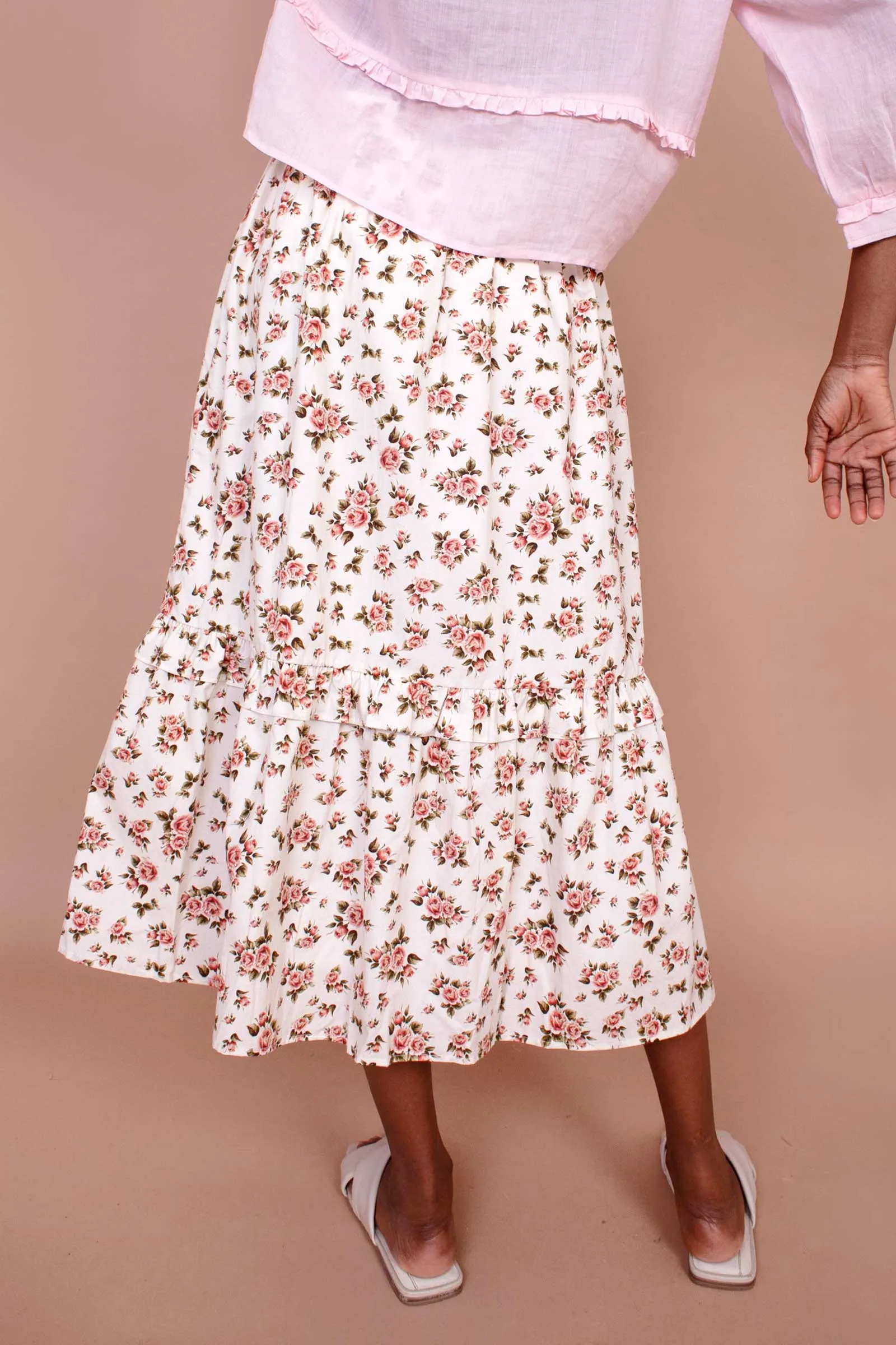 MAGNOLIA Roses-Print Cotton Midi-Skirt