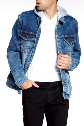 Men's Denim Jacket With Built-In Hood - Medium Blue Acid Wash