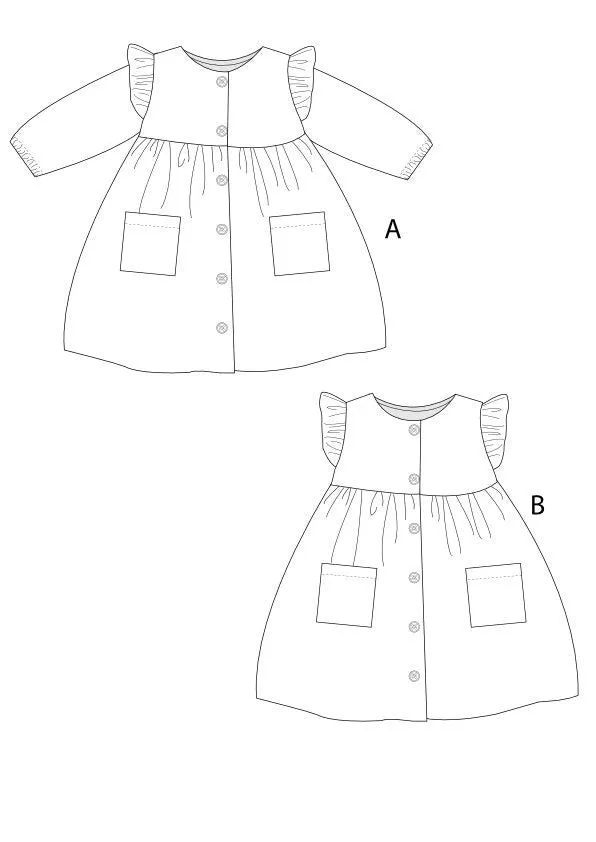 Mädchen Kleid Schnittmuster MIMI mit kurzen oder langen Ärmeln, Rüschen, geknöpfter Frontöffnung Gr. 68-122  pdf von Patternforkids