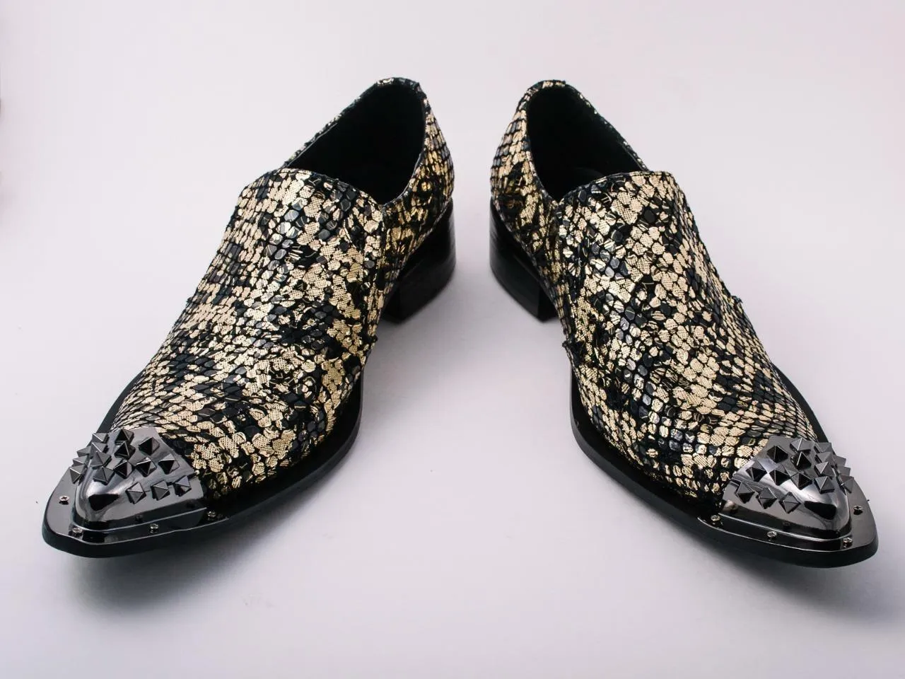 New Men's Black Fiesso Gold Foil Metal Toe Slip on Shoes with Spikes FI 6842