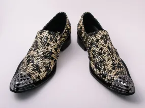 New Men's Black Fiesso Gold Foil Metal Toe Slip on Shoes with Spikes FI 6842