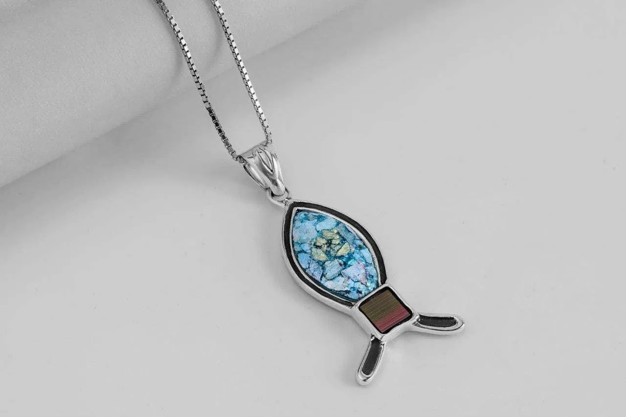 New Testament Nano sim Silver Pendant Ichthys studded with Roman Glass