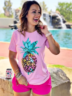 {PRETTY SWEET PINEAPPLE} Fun Leopard Pineapple Bubblegum Pink Crew Neck Tee