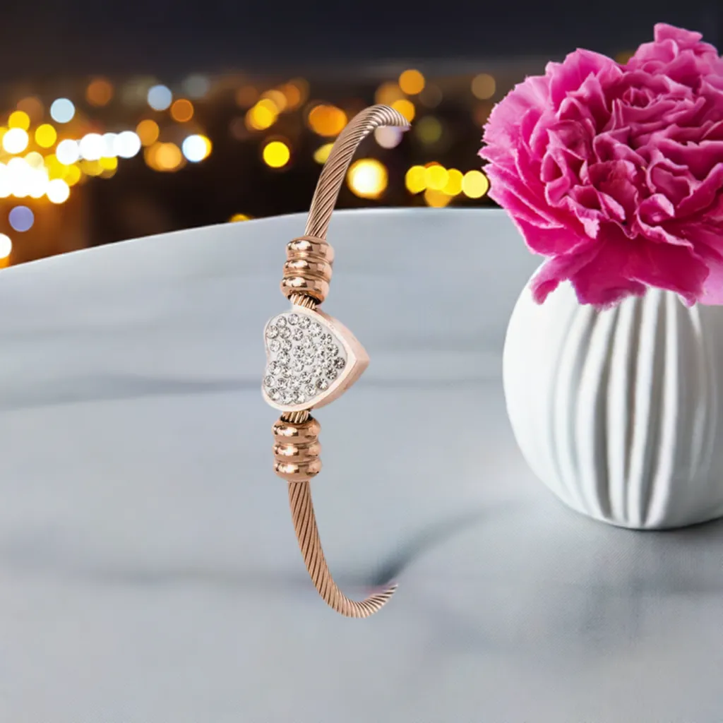 Rose Gold Stainless Steel Cubic Zirconia Heart Bangle