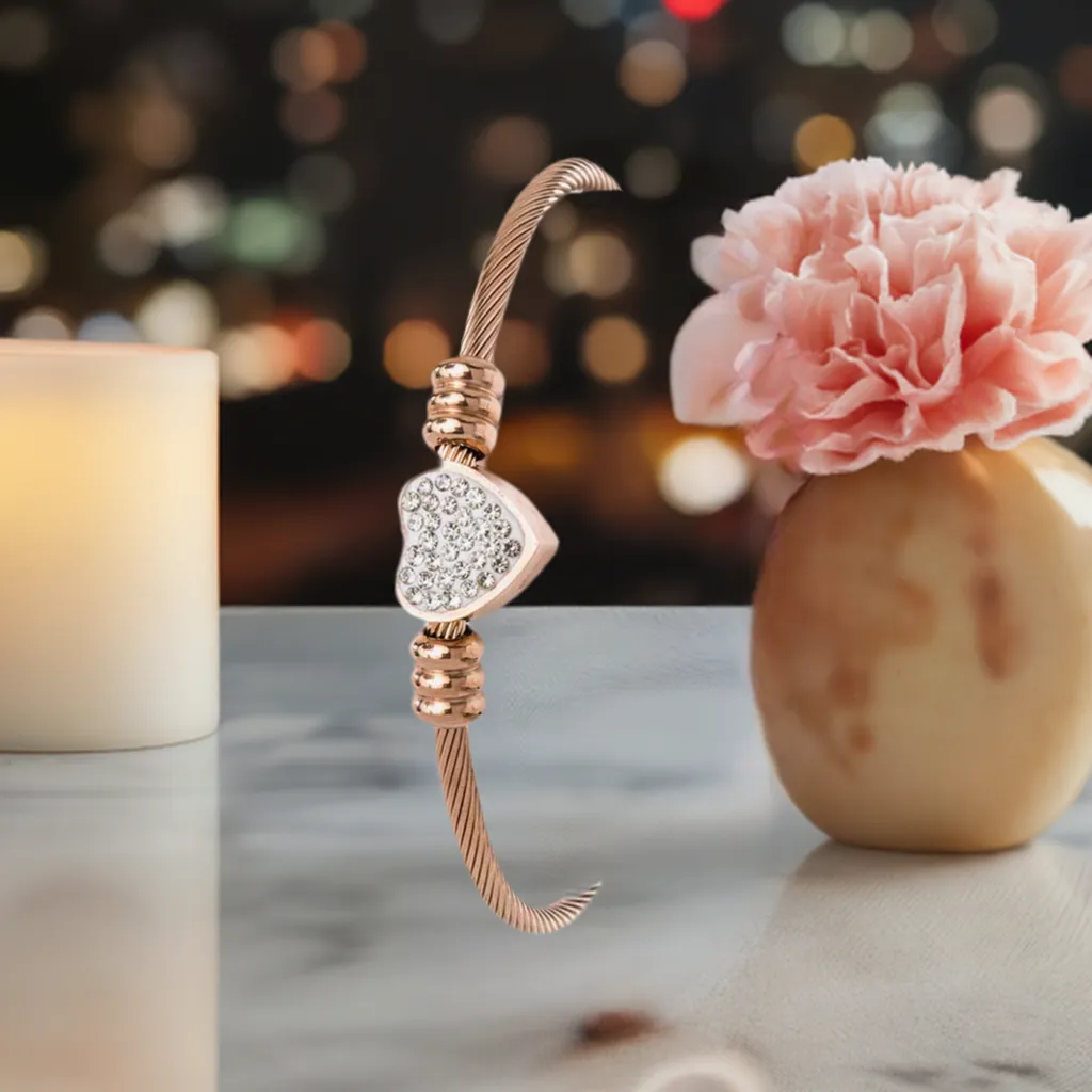 Rose Gold Stainless Steel Cubic Zirconia Heart Bangle