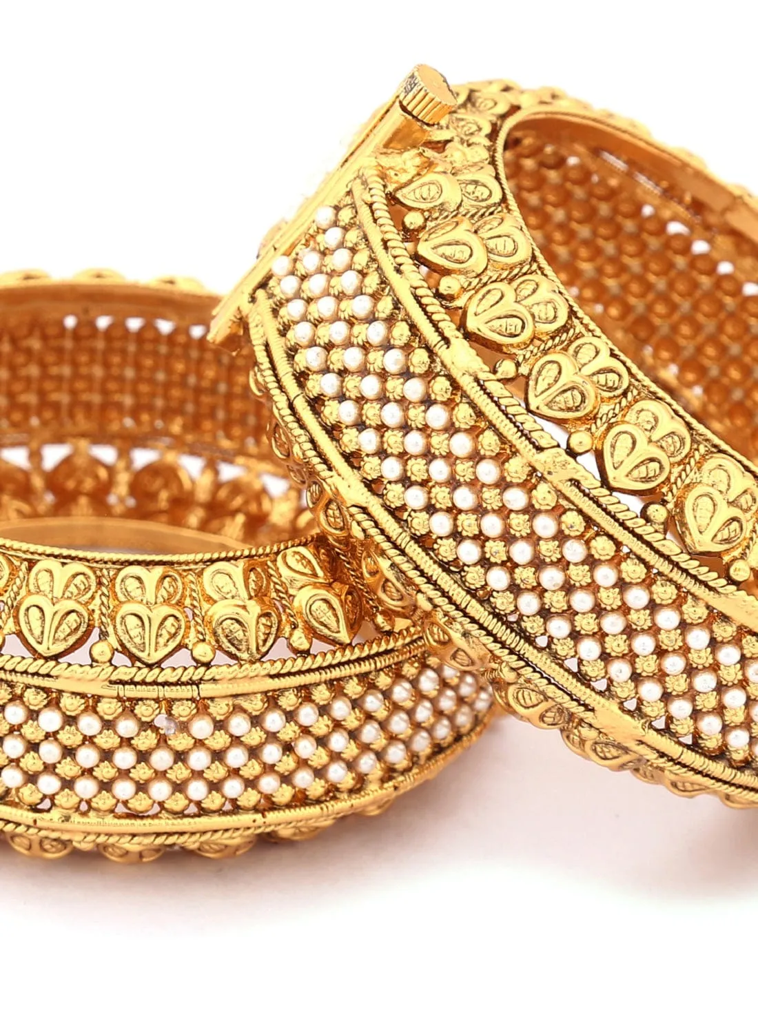 Rubans Set of 2 White & Gold Plated Handcrafted Pearl Studded Bangles