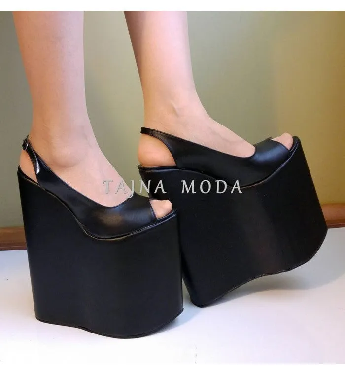 Sandra Peeptoe Black Wedge Heel Platform High Heels Shoes