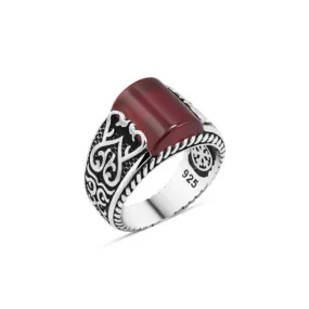 Small Half Cylinder Cut Red Agate Stone Silver Men's Ring Siding Heart Pattern