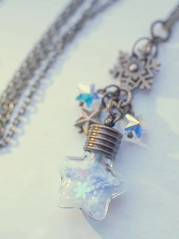 Snowflake star vial pendant necklace