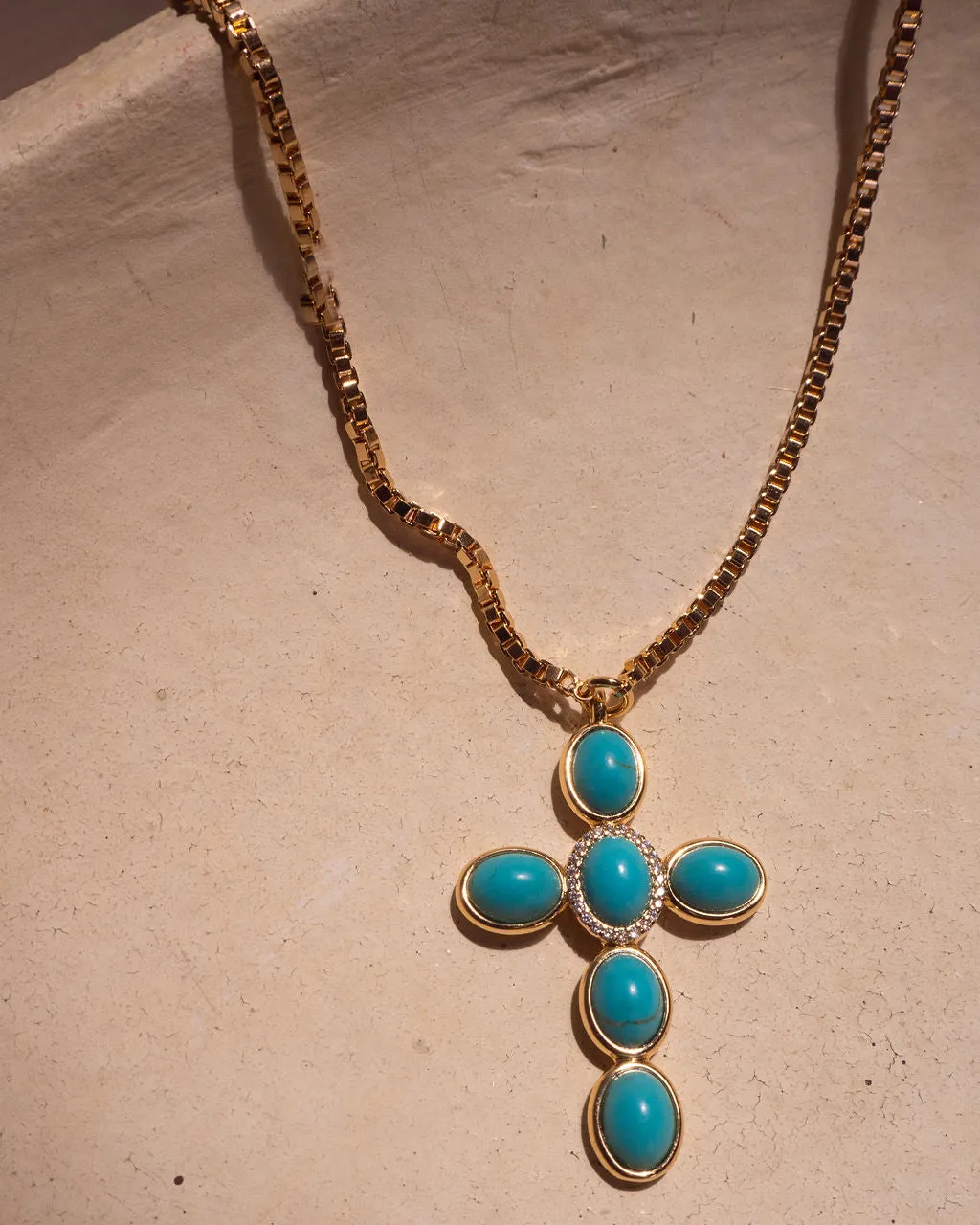 Turquoise Cross Necklace- Gold