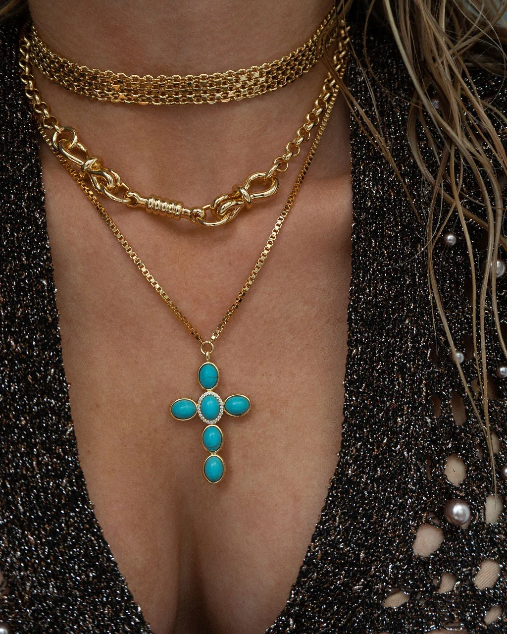 Turquoise Cross Necklace- Gold